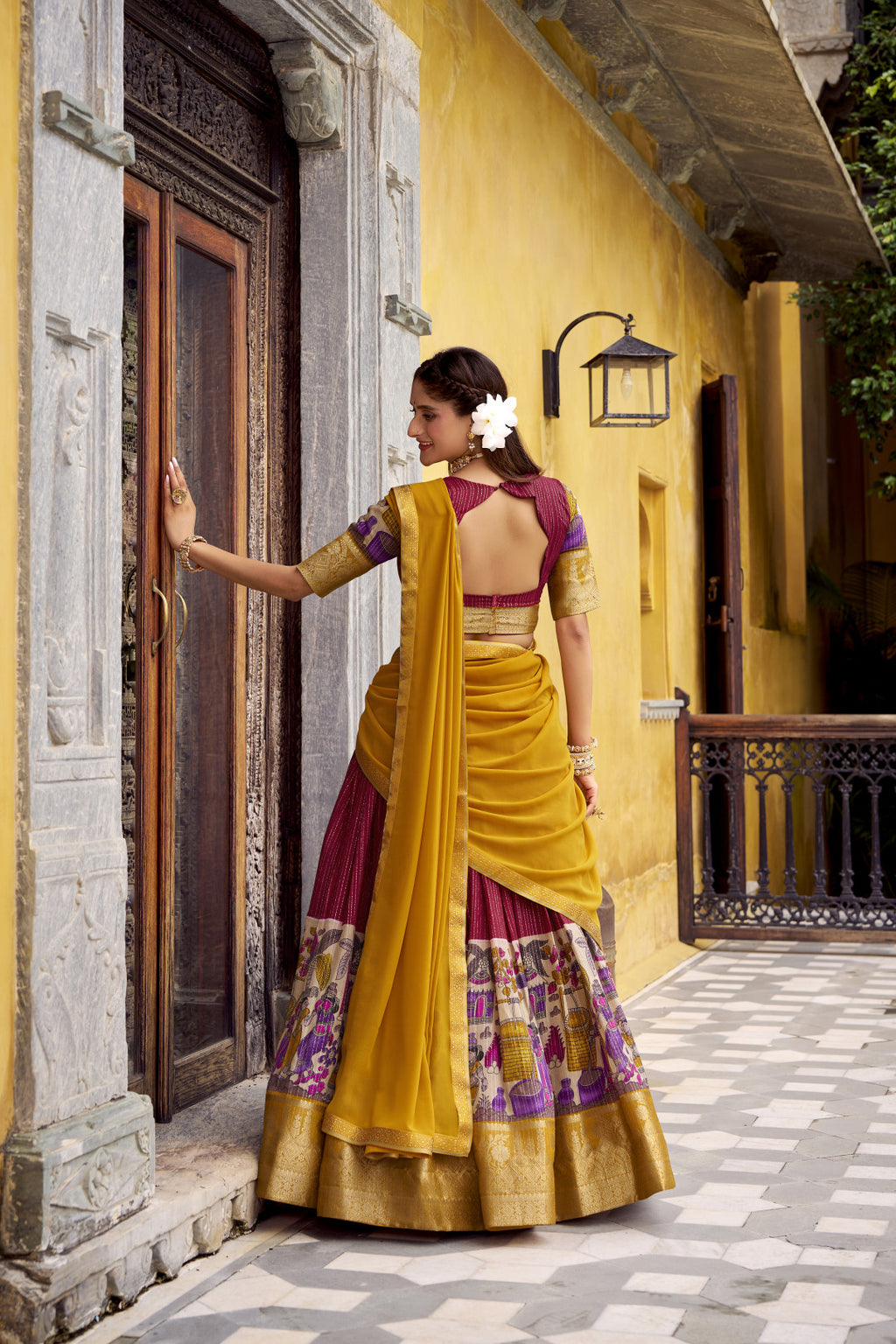 Traditional Kalamkari Printed Lehenga in Poly Chanderi with Zari Work & Georgette Dupatta