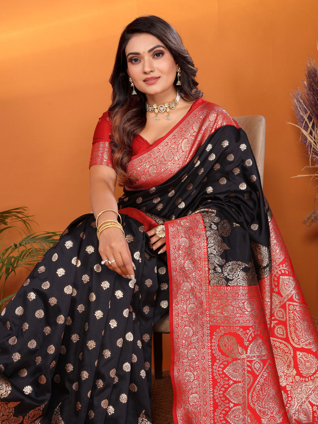 Black traditional banarasi silk saree with zari weaving work