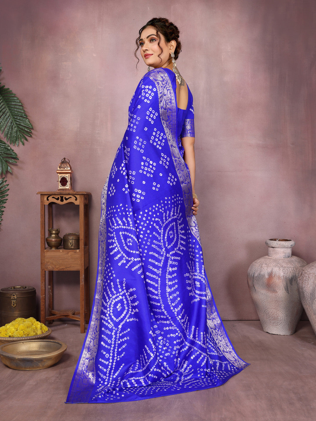 Royal blue colour hand bandhej bandhani saree with zari weaving work