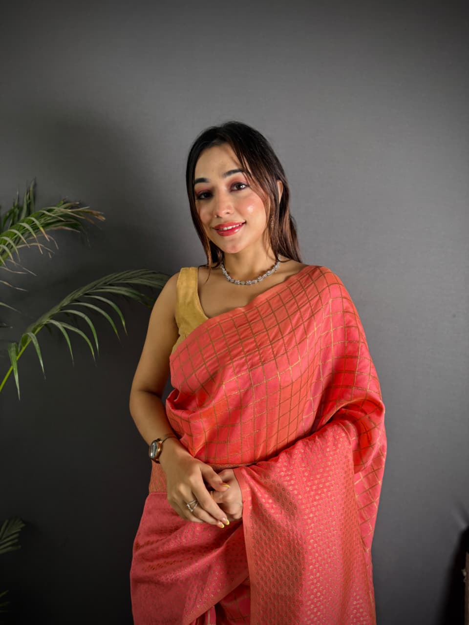 Peach color banarasi silk saree with zari weaving work