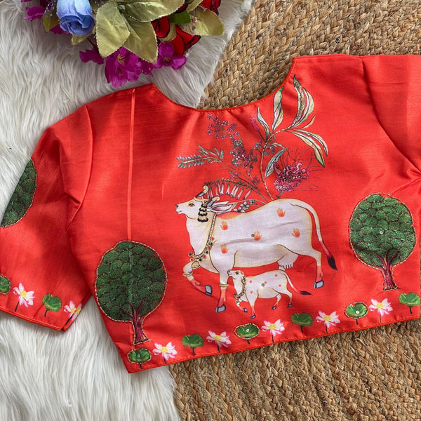 Orange silk readymade blouse with pichwai printed work