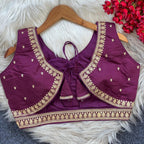 Magenta sequence and embroidery roman silk readymade blouse
