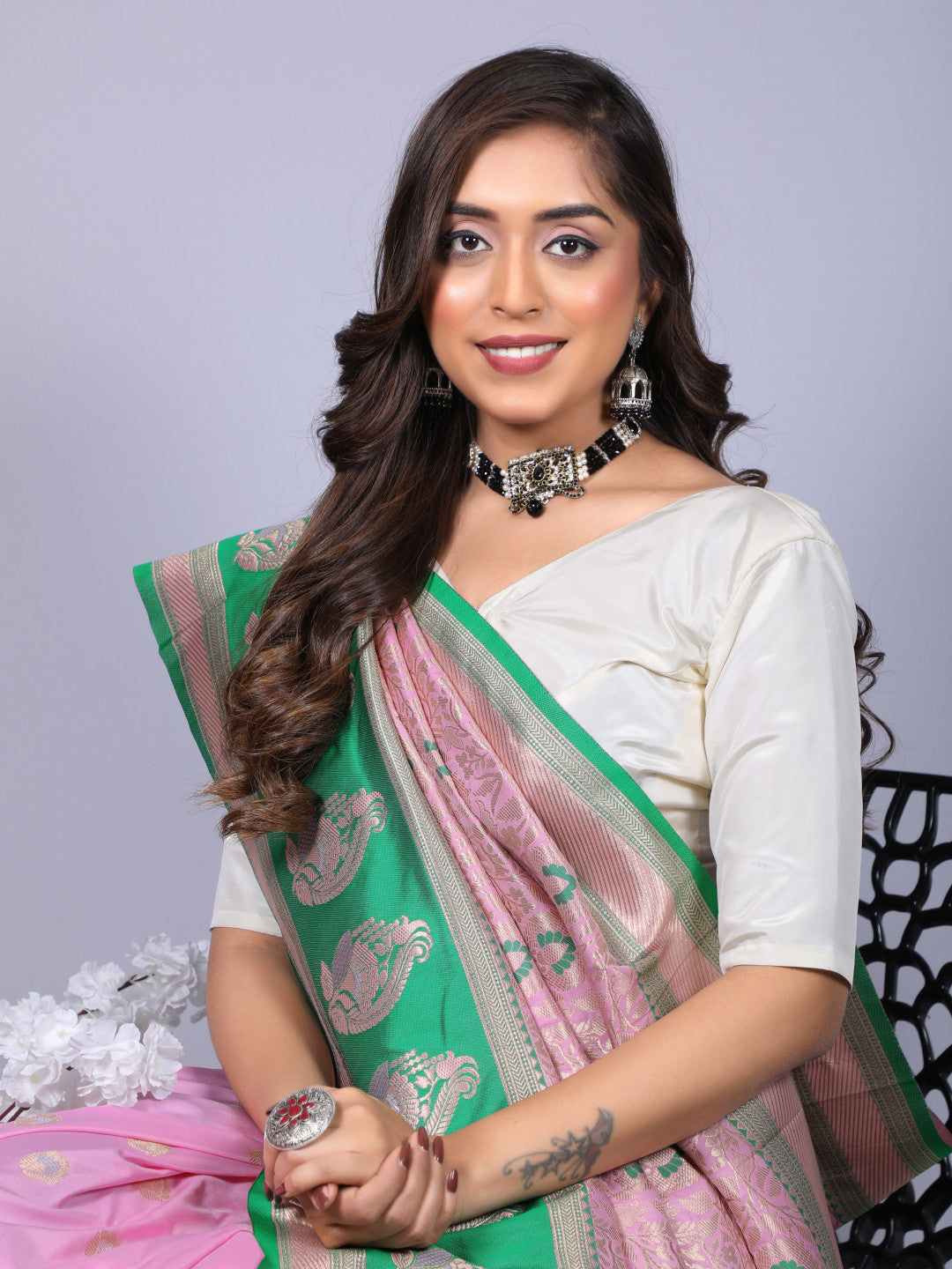 Baby pink color kanchipuram silk saree with zari weaving work