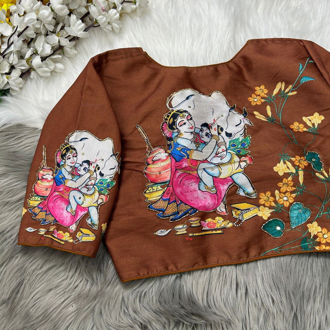 Brown silk readymade blouse with kalamkari printed work