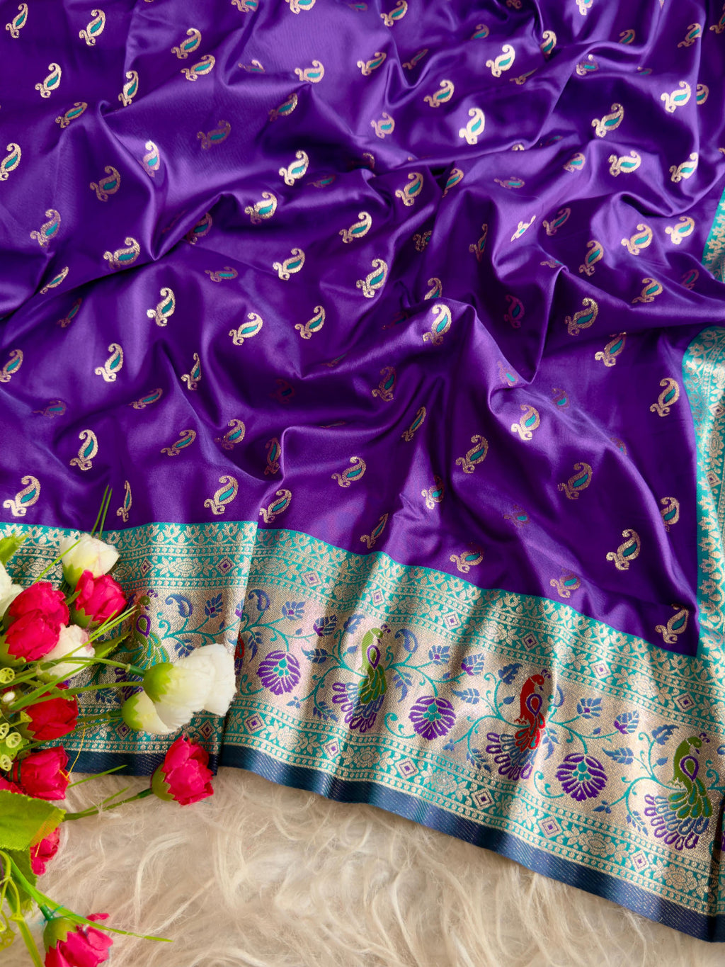 Purple traditional paithani silk saree with peacock zari weaving work