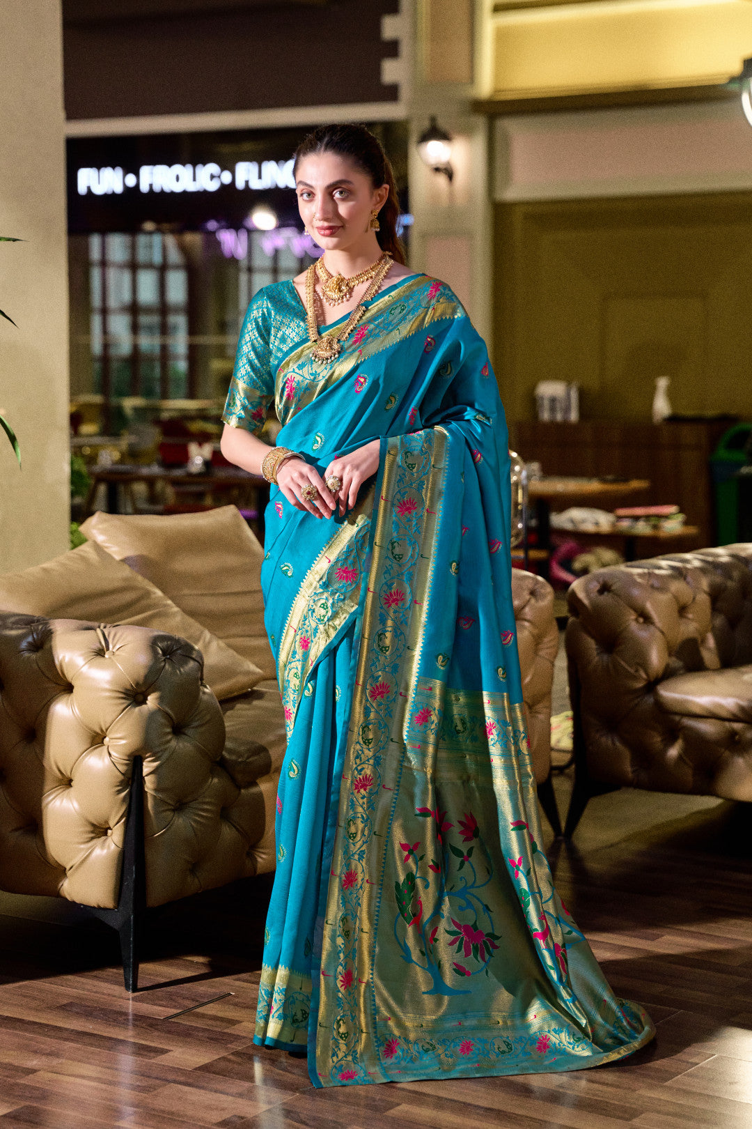 Traditional firoji paithani silk saree with zari weaving work