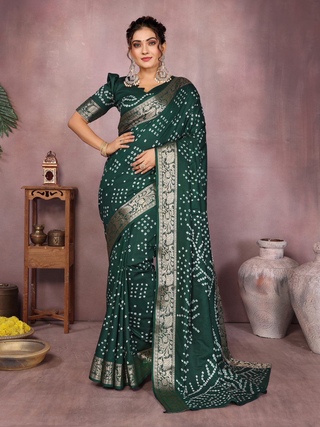 Green colour hand bandhej bandhani saree with zari weaving work