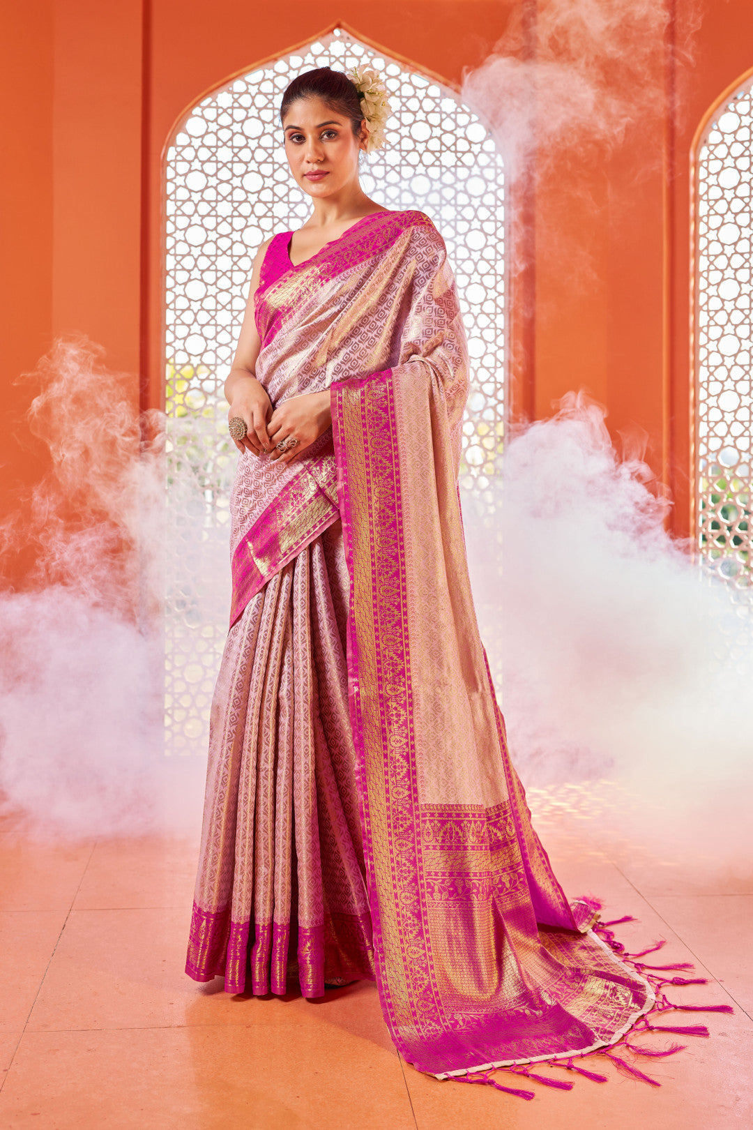 Pink color soft kanjivaram silk saree with zari weaving work