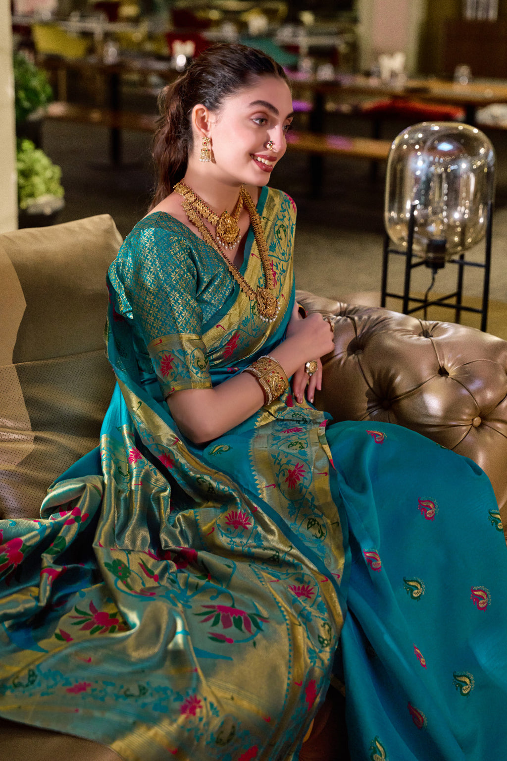 Traditional firoji paithani silk saree with zari weaving work