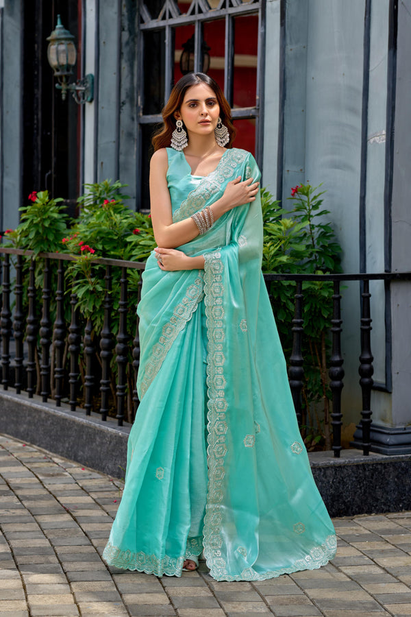 Sea green fancy shimmer chiffon saree with embroidery work