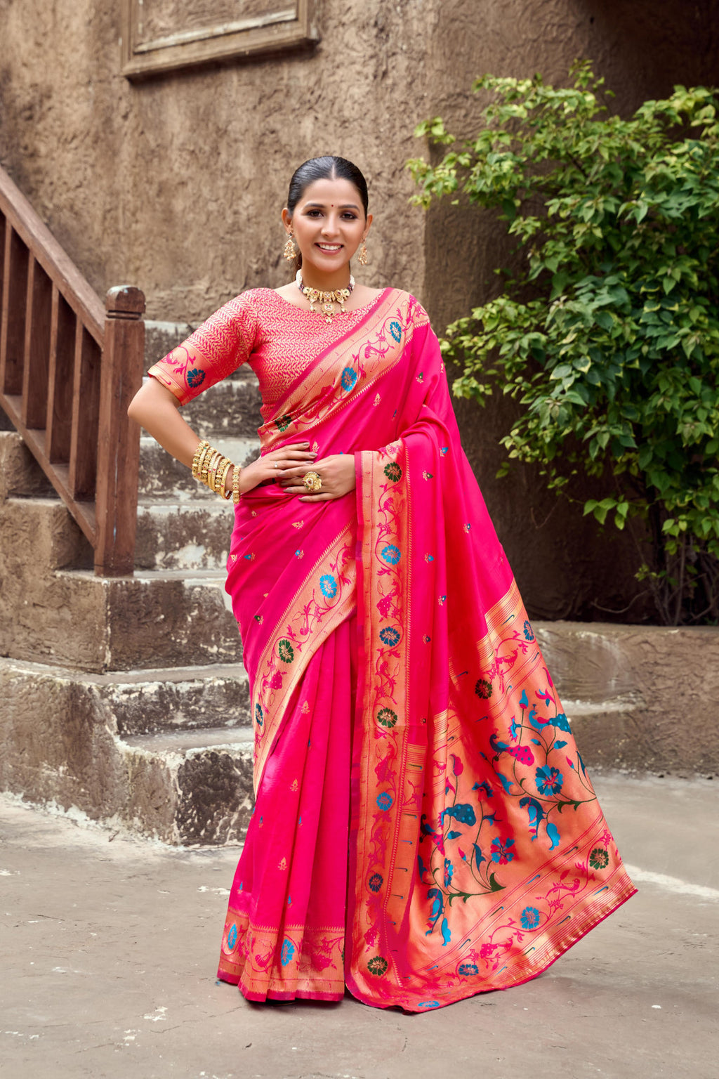 Traditional pink paithani silk saree with zari weaving work