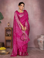Pink colour hand bandhej bandhani saree with zari weaving work