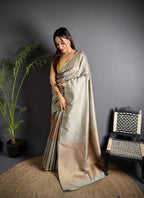 Gray color banarasi silk saree with zari weaving work