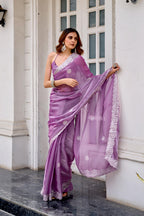 Lavender fancy shimmer chiffon saree with embroidery work