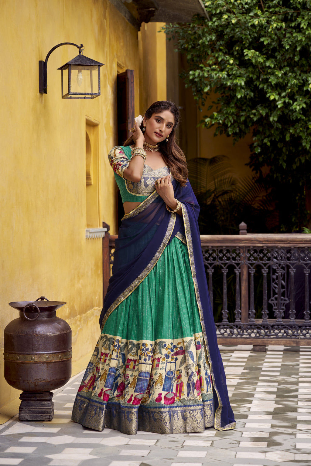 Traditional Kalamkari Printed Lehenga in Poly Chanderi with Zari Work & Georgette Dupatta