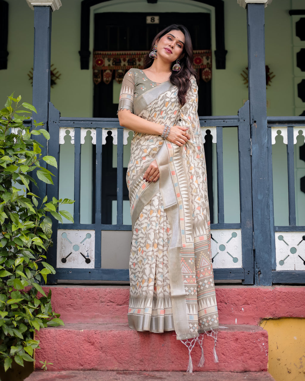 Beige summer special digital printed linen cotton saree
