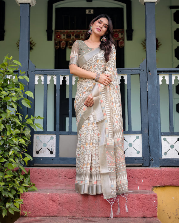 Beige summer special digital printed linen cotton saree