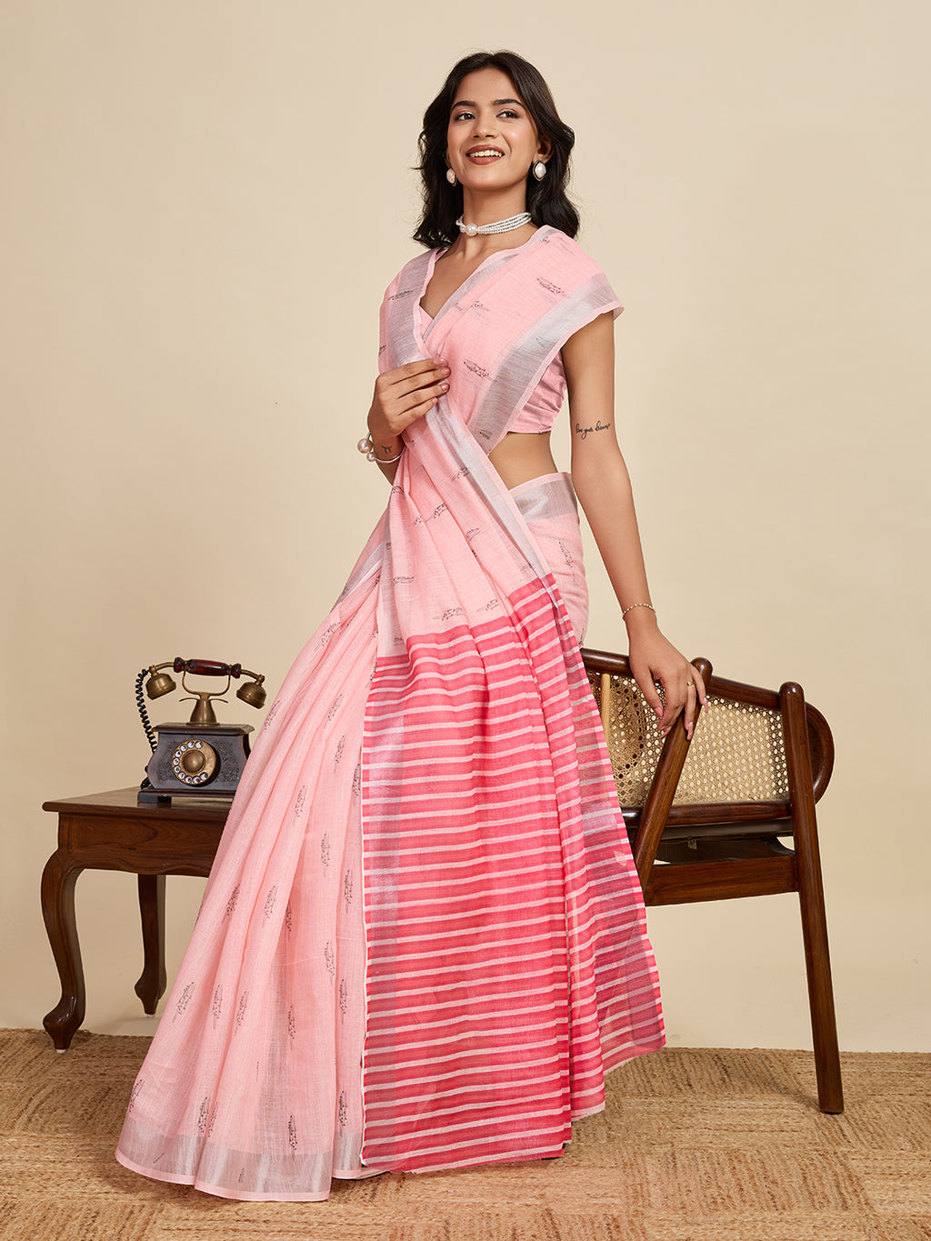 Baby pink linen cotton saree with digital printed work and silver zari border