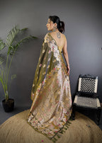 Mahendi green premium banarasi silk saree with meenakari zari weaving work