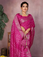 Pink colour hand bandhej bandhani saree with zari weaving work