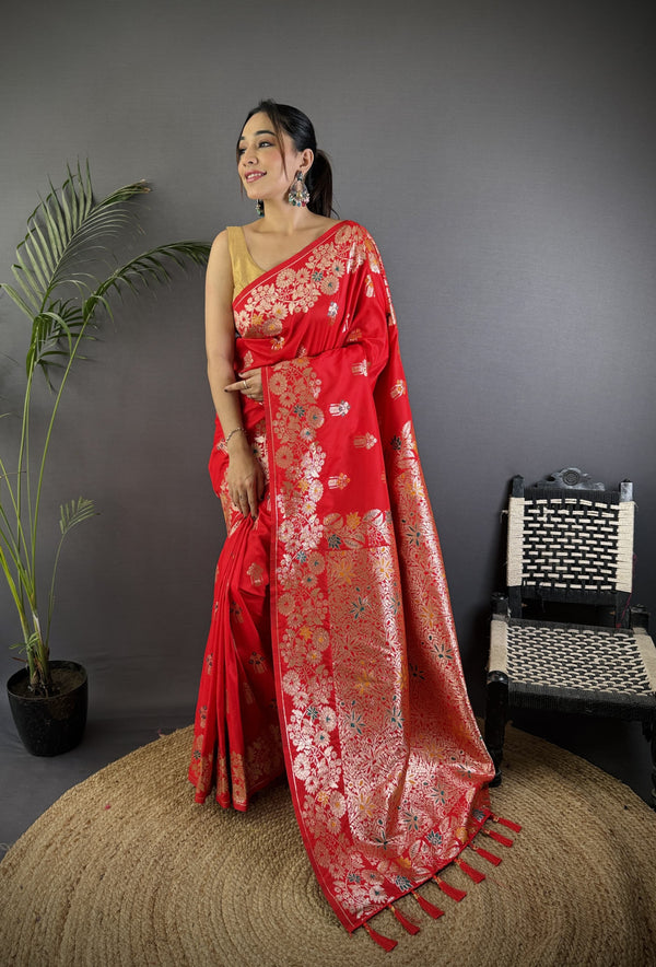 Red premium banarasi silk saree with meenakari zari weaving work