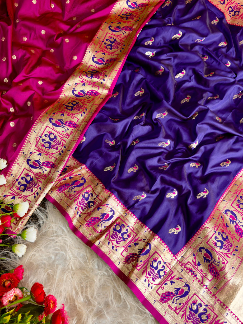 Violet traditional paithani silk saree with peacock zari weaving work