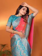 Peach traditional banarasi silk saree with zari weaving work