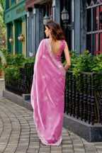 Baby pink fancy shimmer chiffon saree with embroidery work