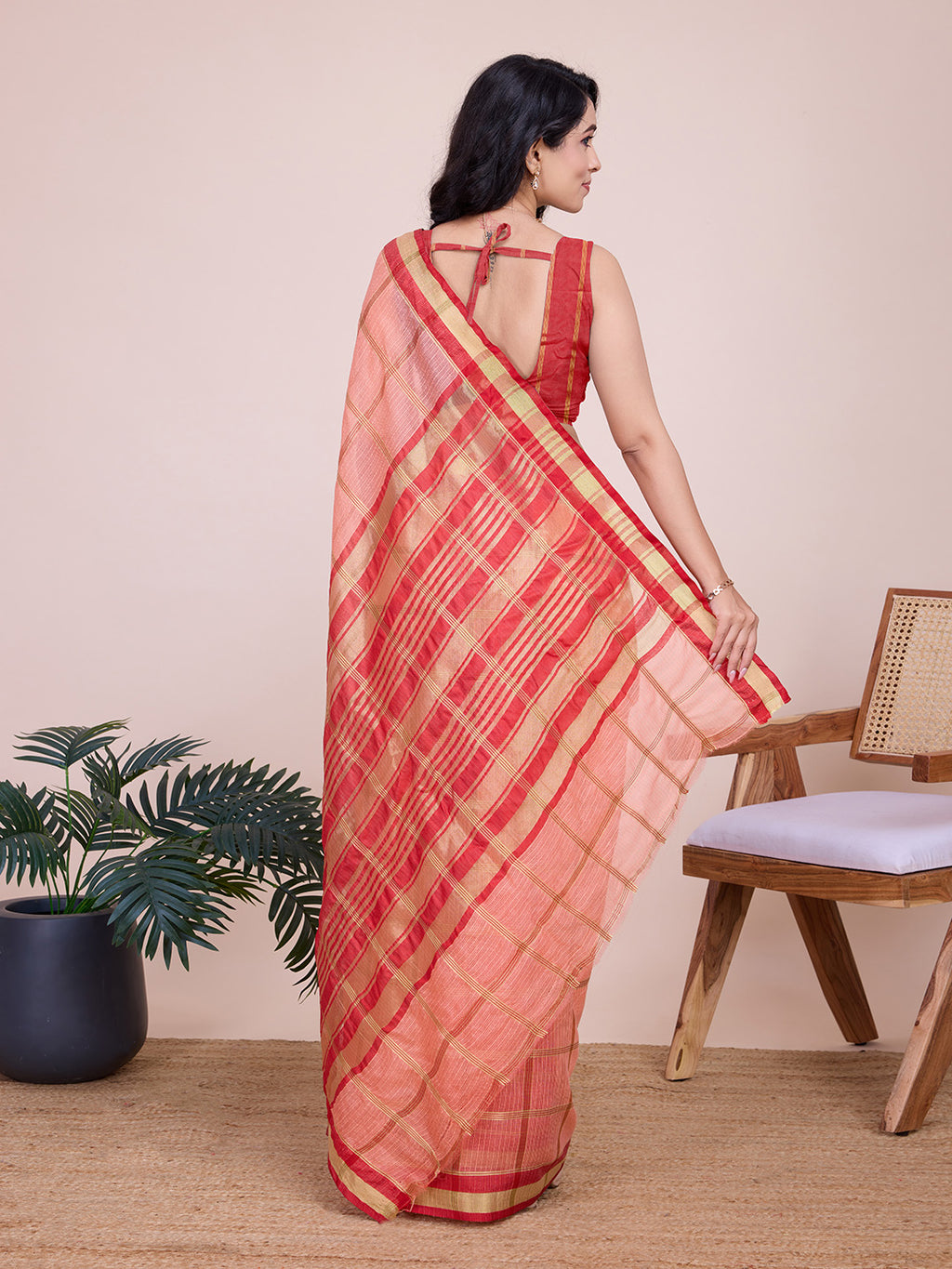 Peach kota doriya saree with zari weaving work