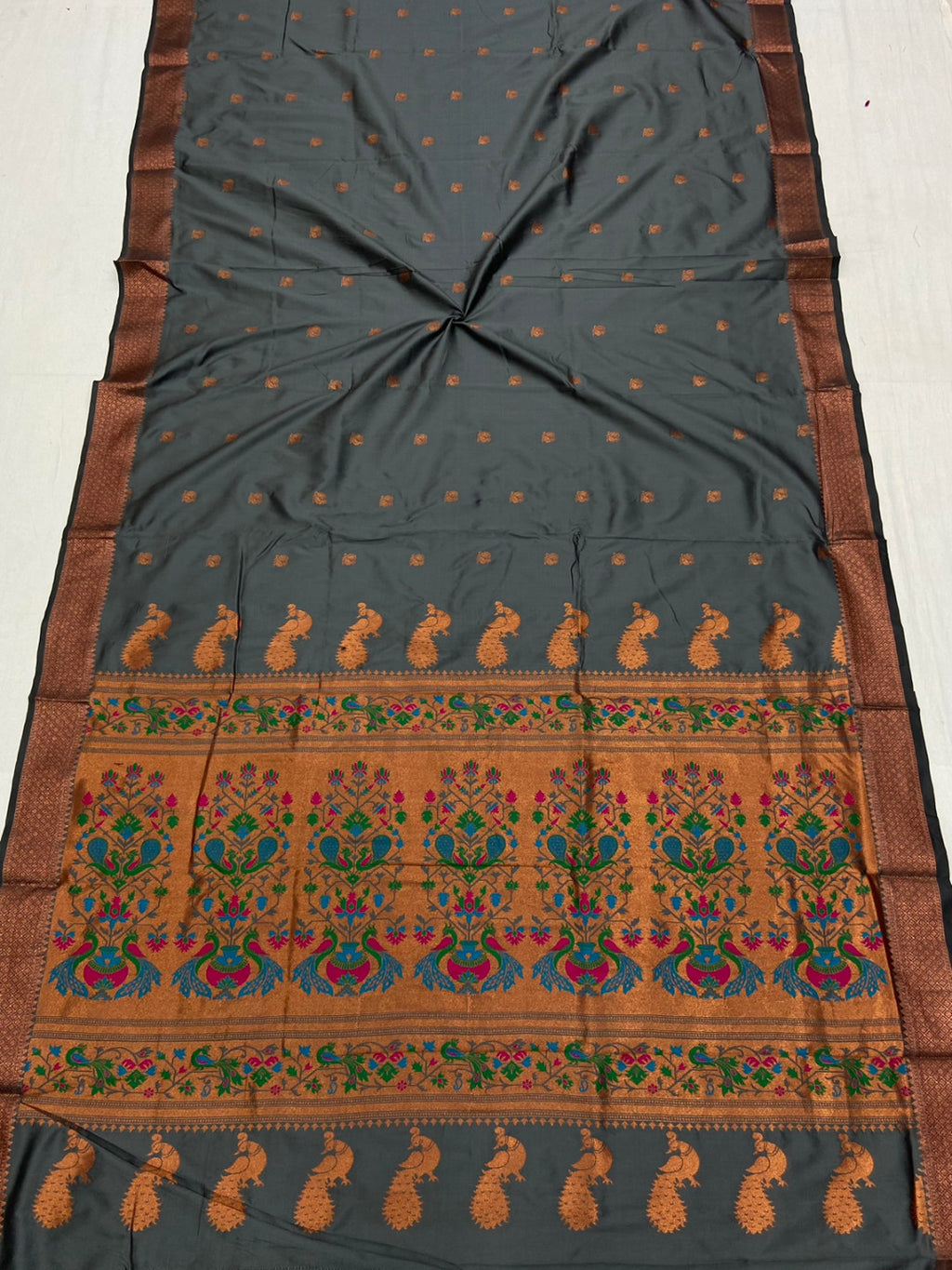 Gray color paithani silk saree with zari weaving work