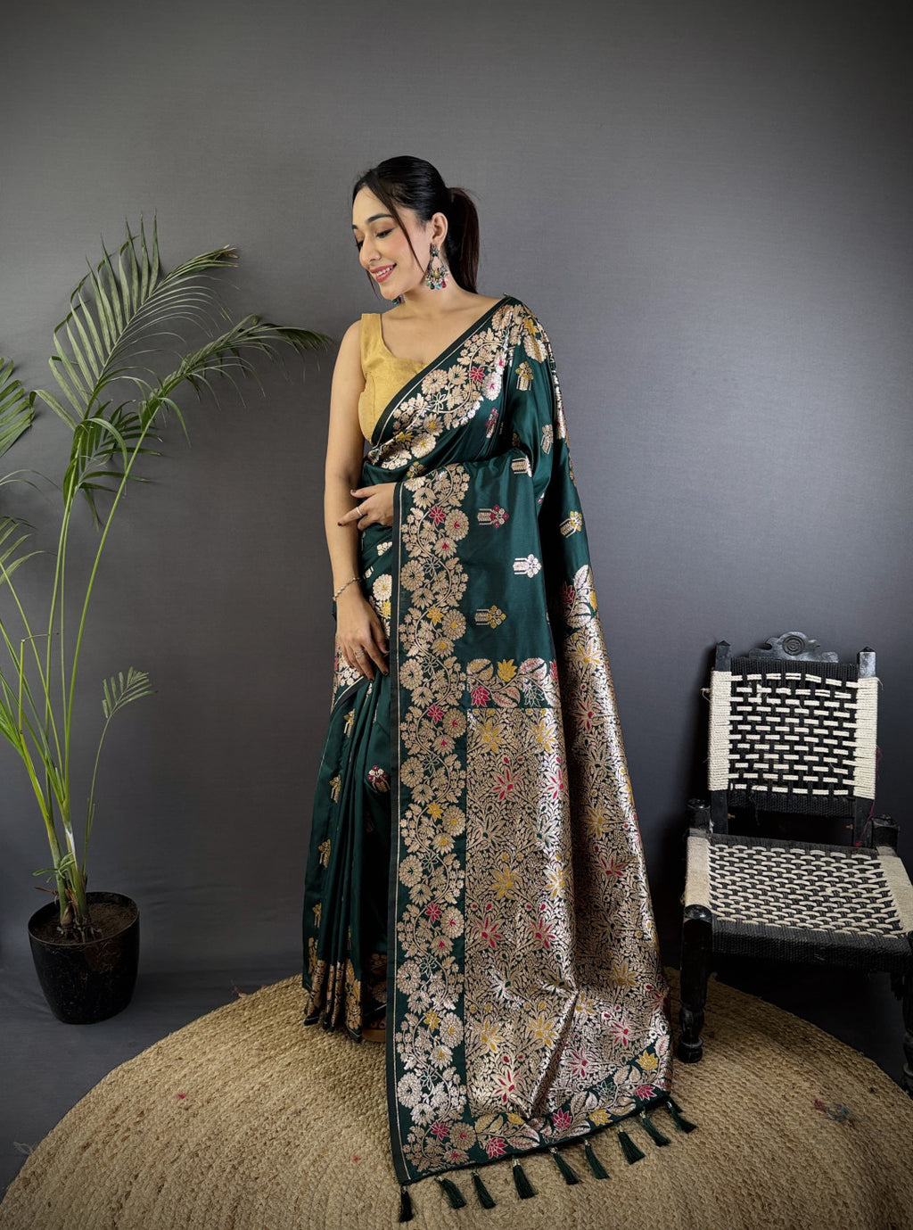 Dark green premium banarasi silk saree with meenakari zari weaving work