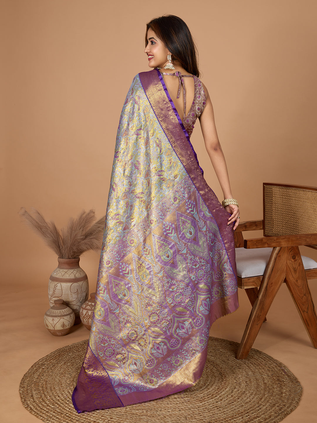 Gray kanjivaram silk saree with zari weaving work