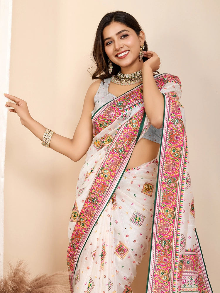 Ashopalav Off-White Table Printed Traditional Soft Cotton Saree