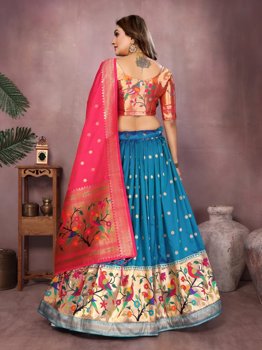Firoji color jecquard paithani silk lehenga with zari weaving work