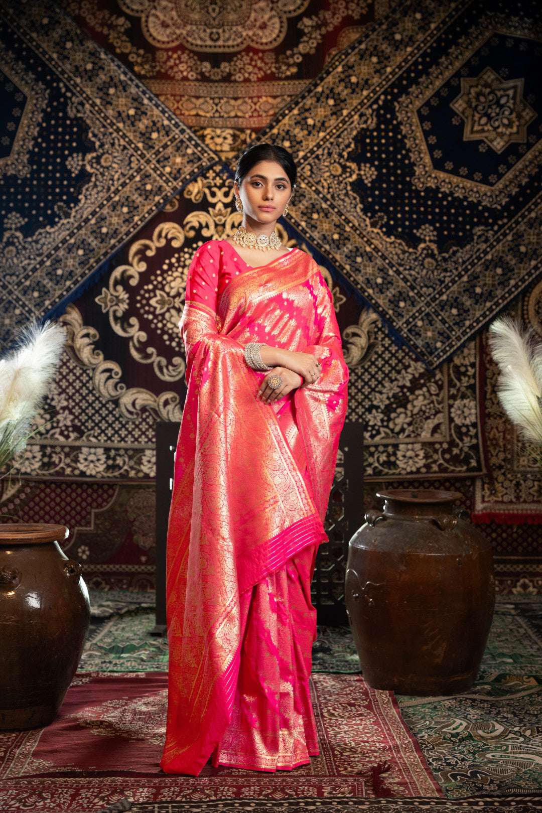 Pink banarasi silk saree with zari woven work