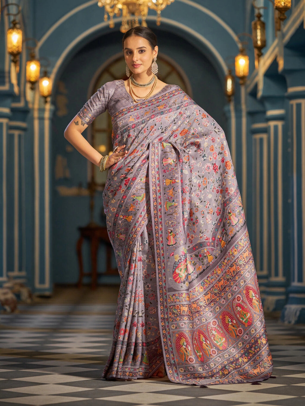 Lavender exclusive pure pashmina silk saree with woven design