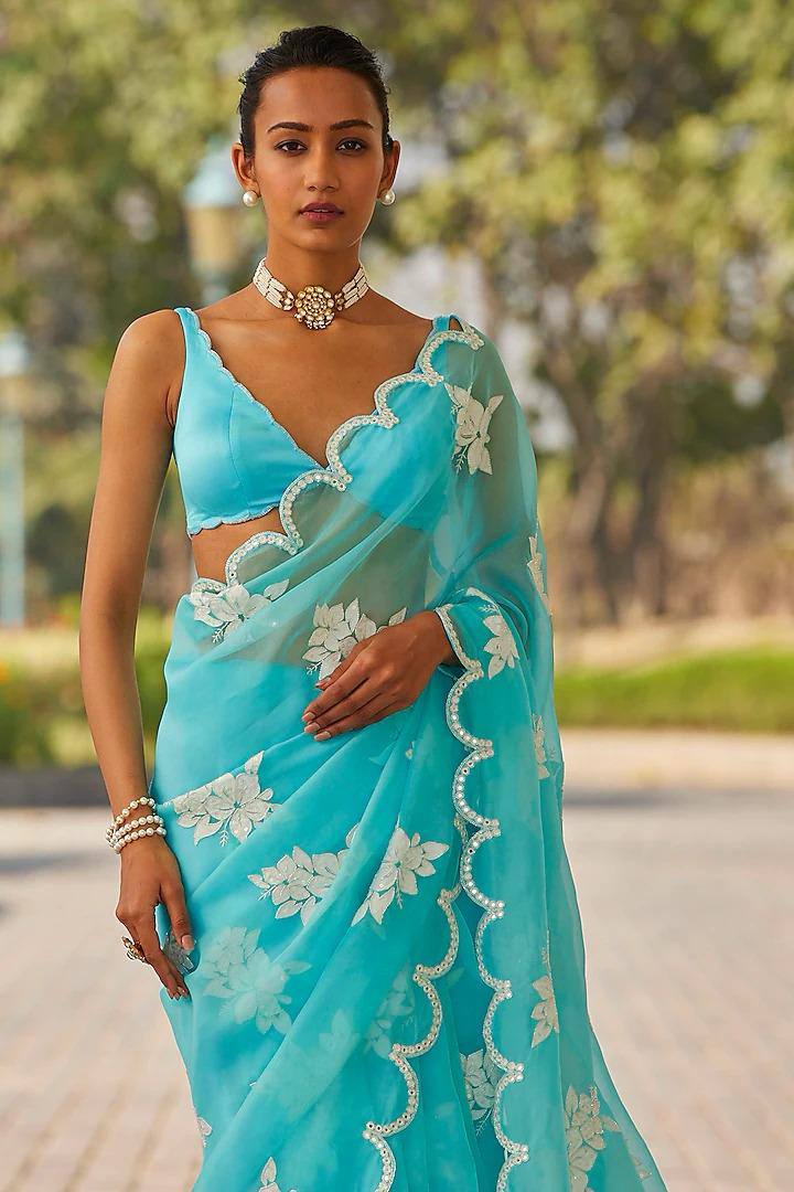 Sky blue fancy jimmy choo silk saree with embroidery and sequence work