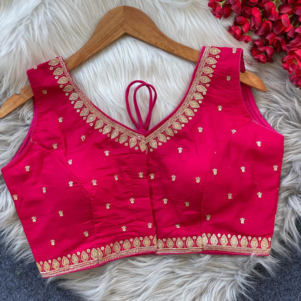 Pink sequence and embroidery roman silk readymade blouse