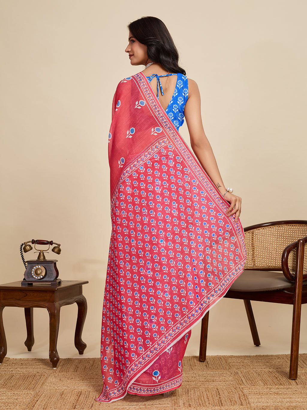 Multi linen cotton saree with digital printed work and silver zari border