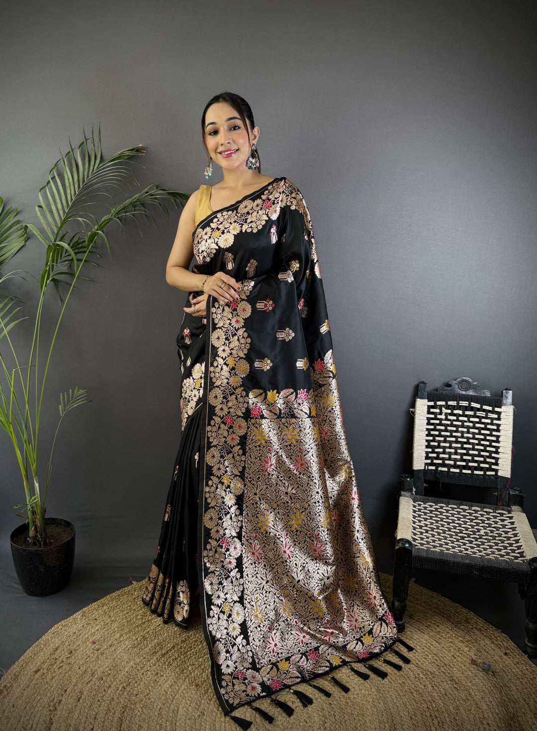 Black premium banarasi silk saree with meenakari zari weaving work