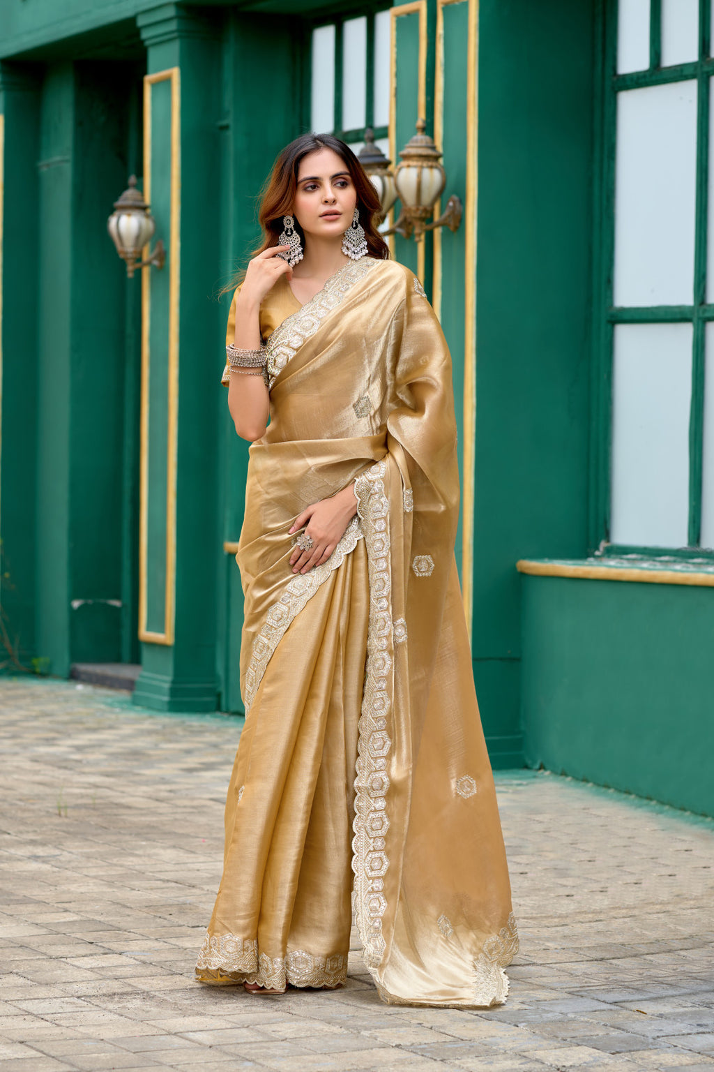 Beige fancy shimmer chiffon saree with embroidery work