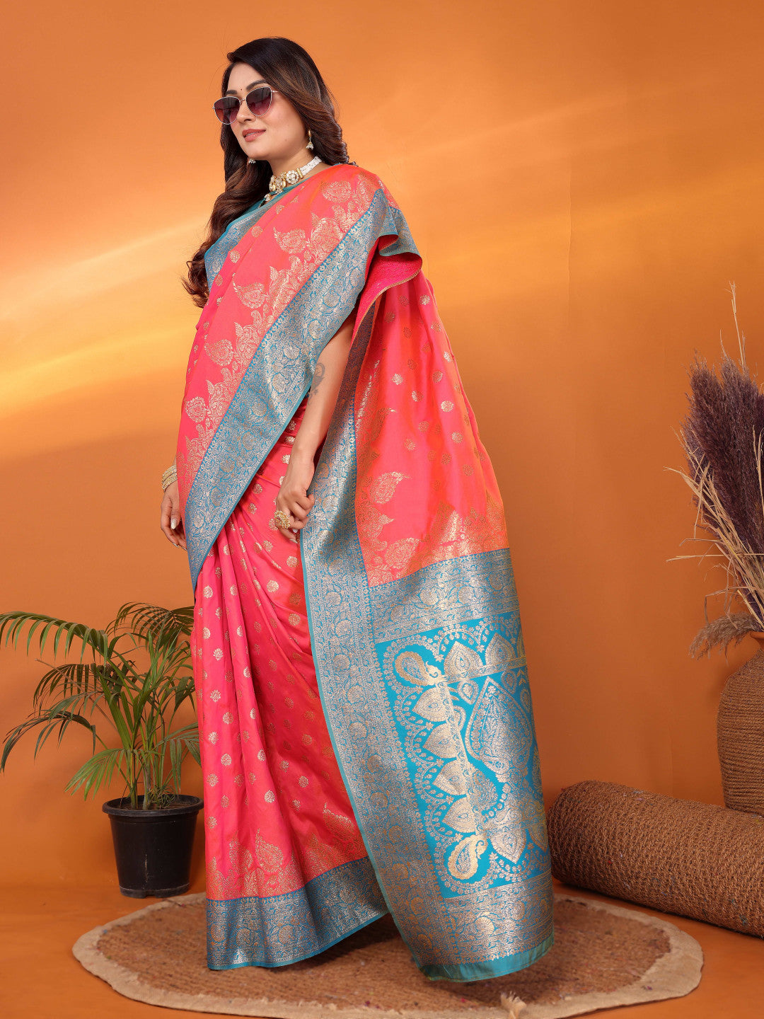 Peach traditional banarasi silk saree with zari weaving work