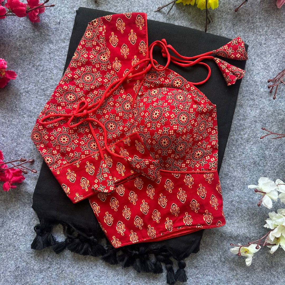 Red colour ajarakh printed cotton readymade blouse