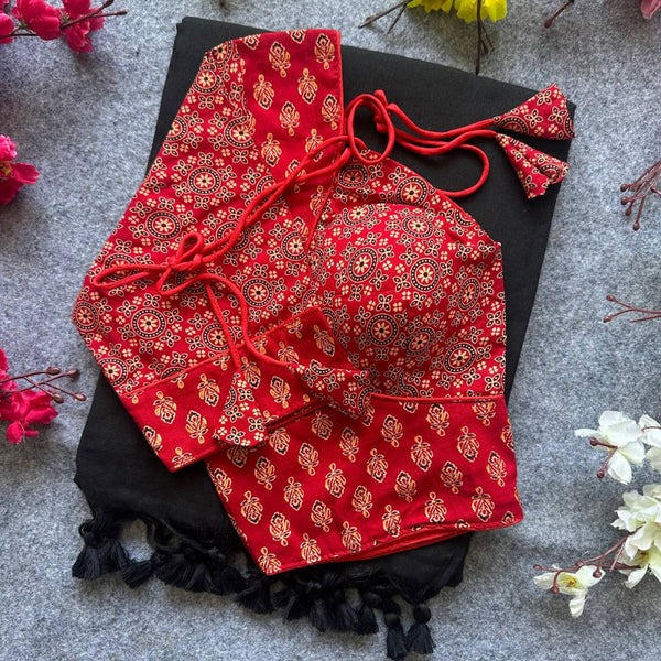 Red colour ajarakh printed cotton readymade blouse