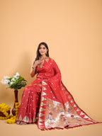 Red color paithani silk saree with zari weaving work
