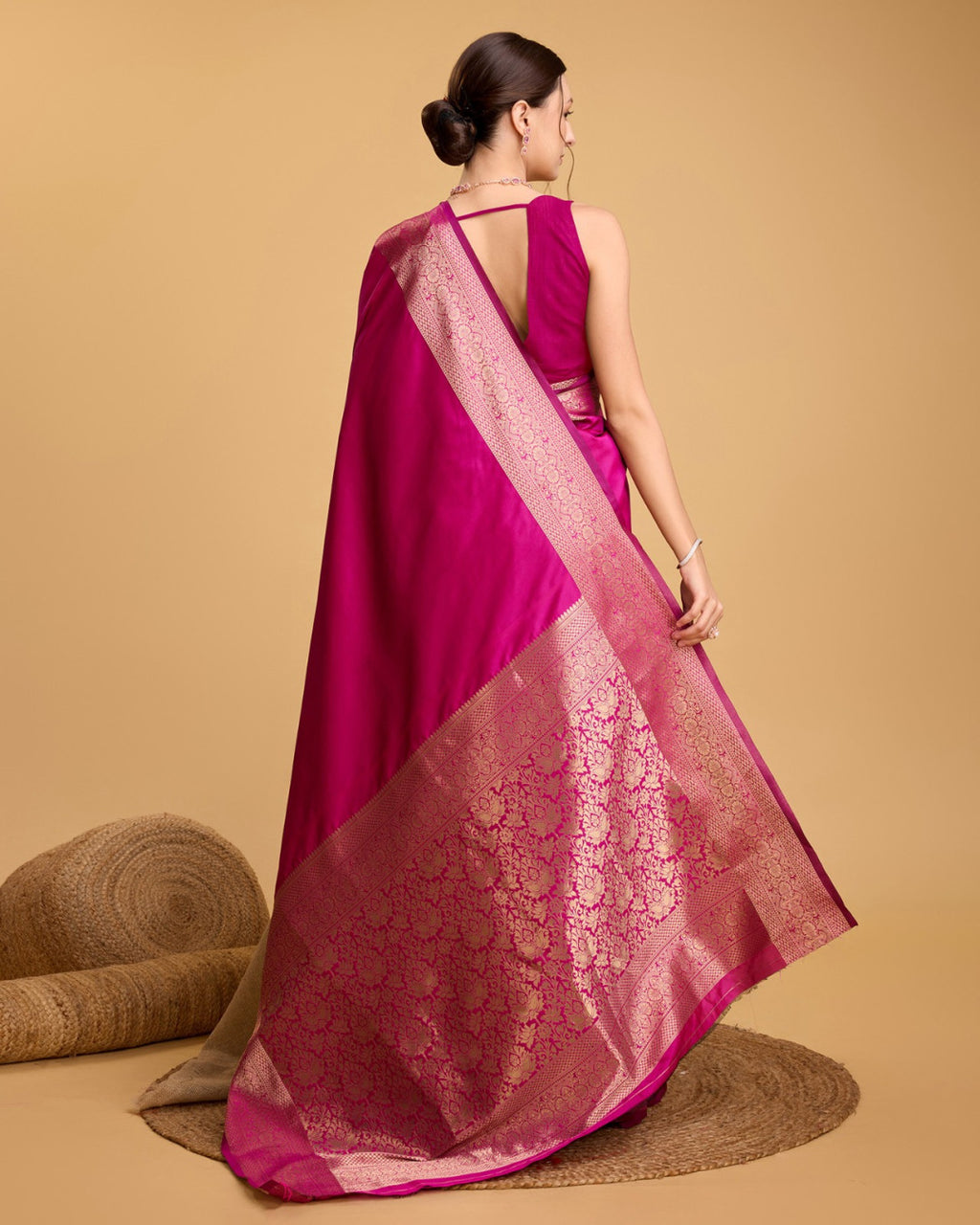Rani pink color soft kanchipuram silk saree with zari weaving work