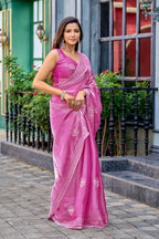Baby pink fancy shimmer chiffon saree with embroidery work