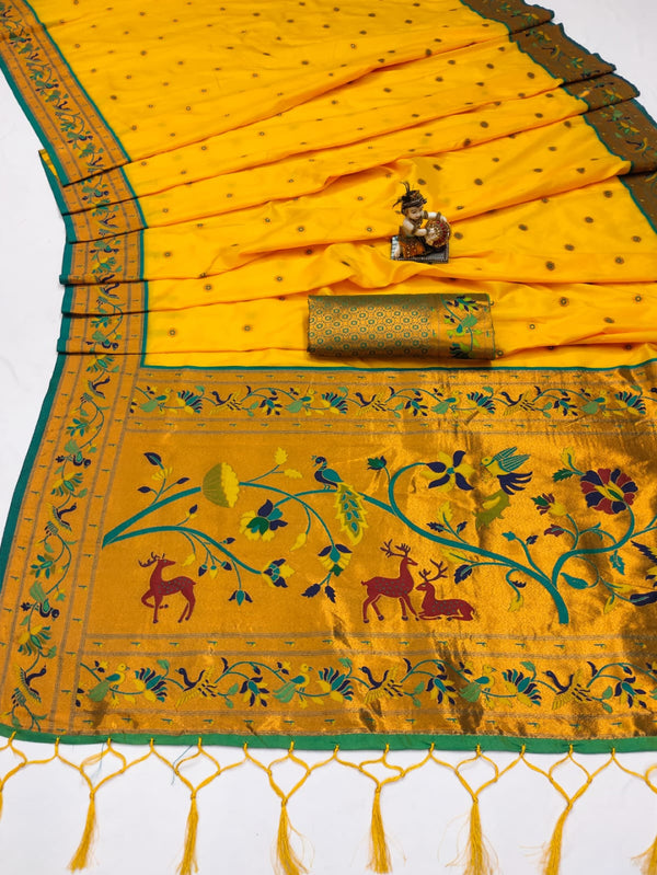 Yellow color paithani silk saree with zari weaving work