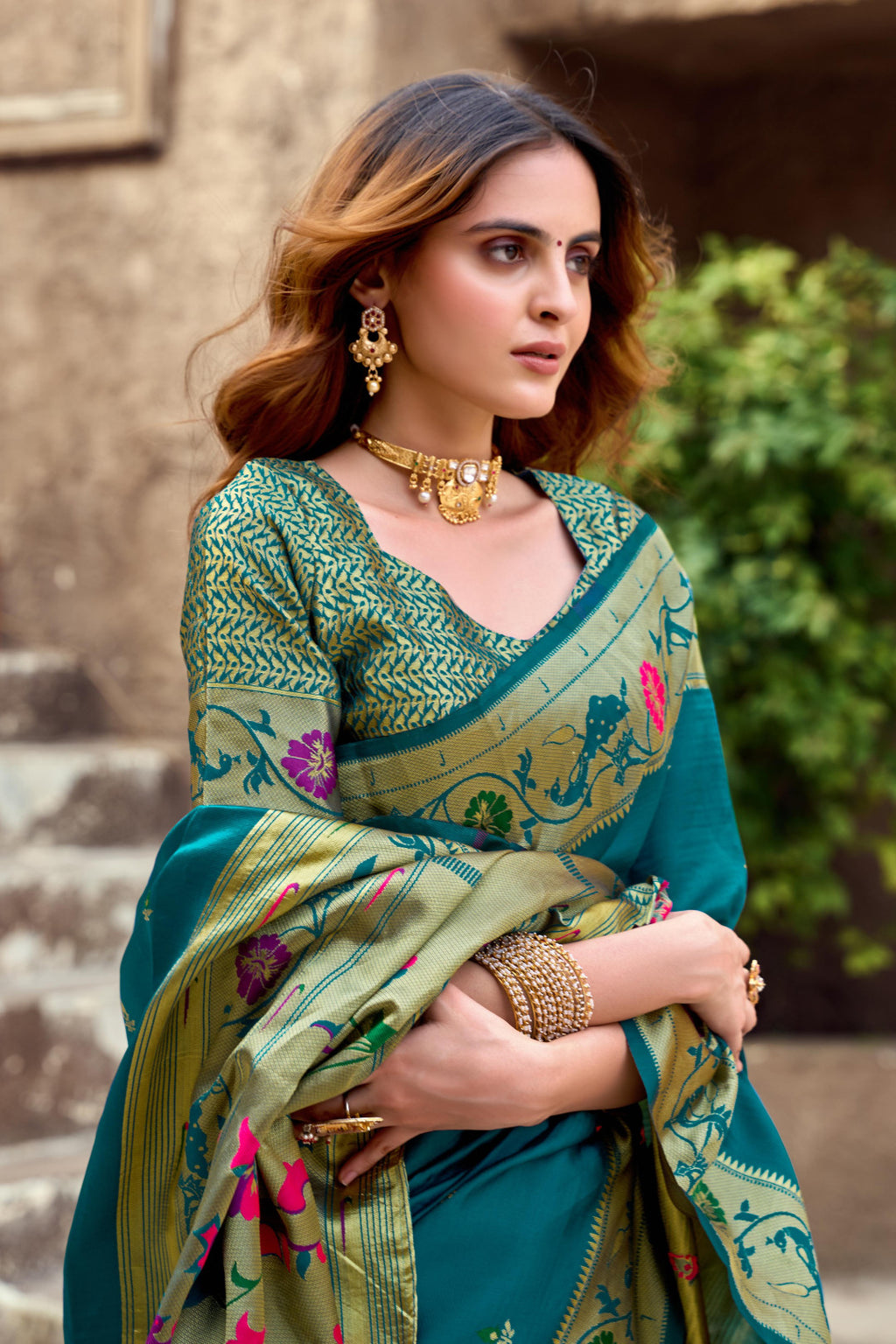Traditional firoji paithani silk saree with zari weaving work