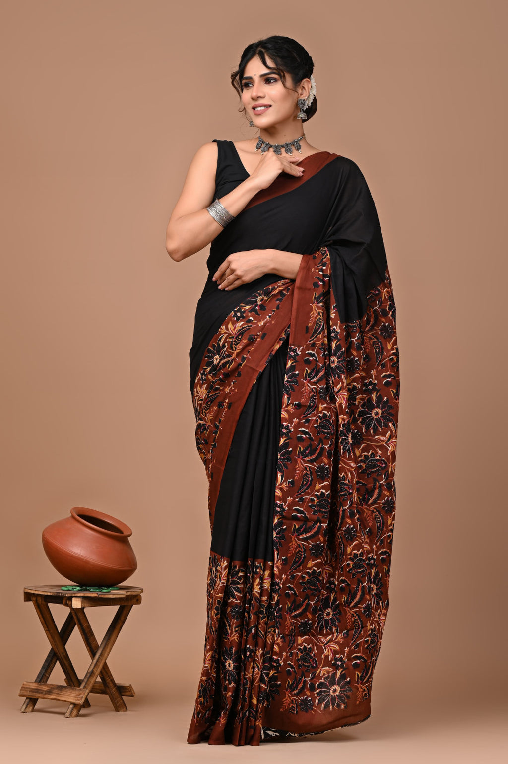 Multi pure mulmul cotton saree with bagru hand block printed work
